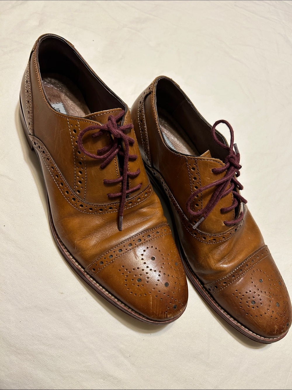 Johnston & Murphy Brown Leather Wingtip Oxfords with Burgundy Laces